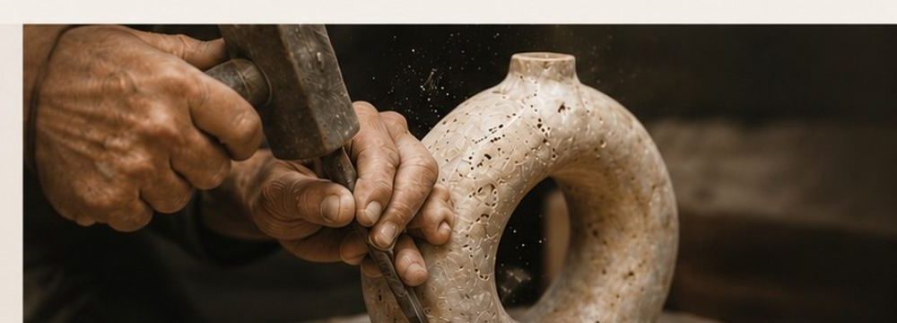 Artisan hand carving a marble decor piece
